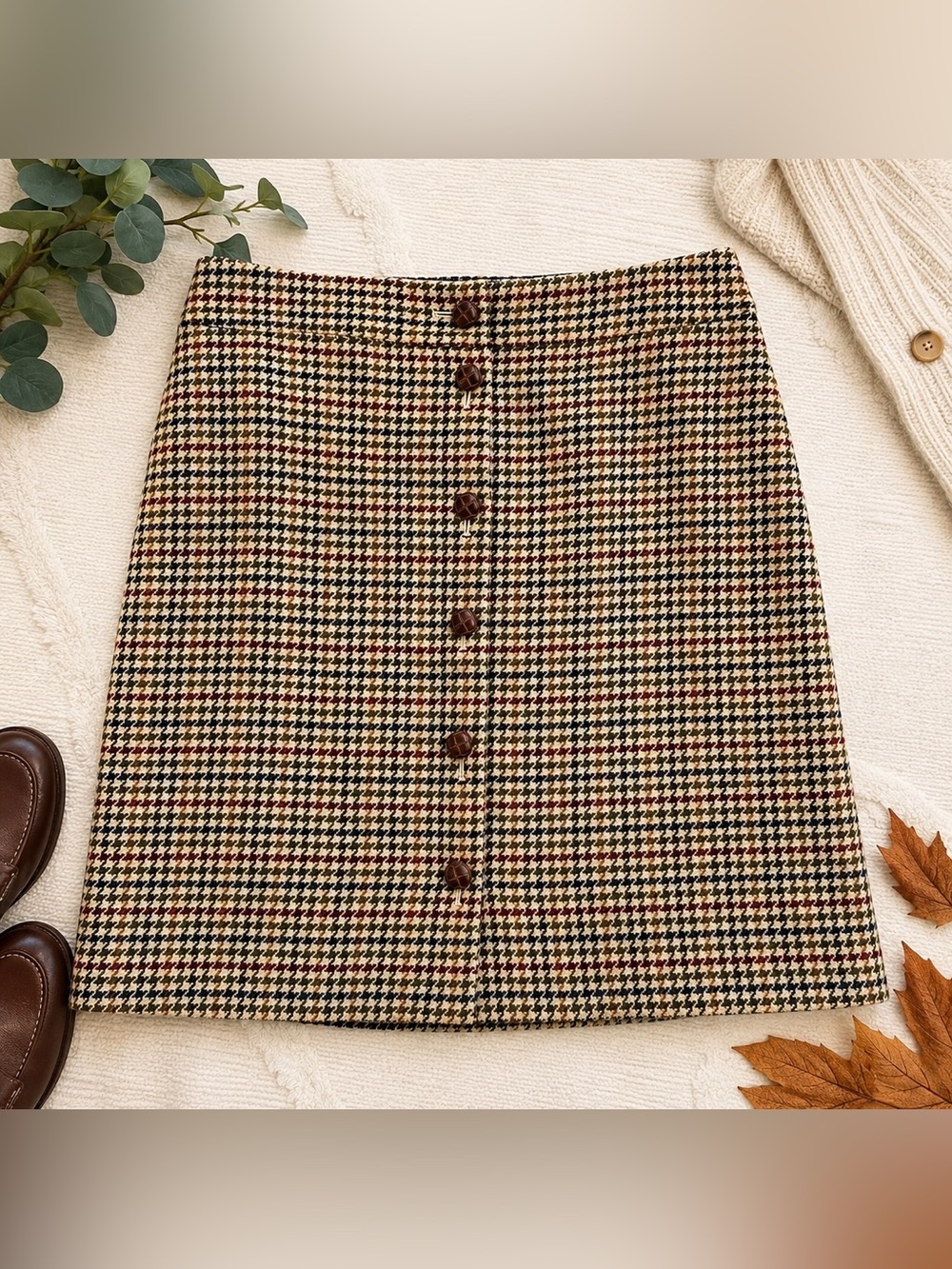 Talbots Houndstooth Plaid Button Front Wool Blend Skirt Size 12 Lined Classic - Picture 2 of 15